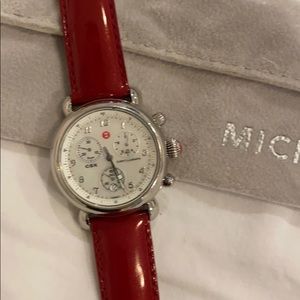 Michele cheonograph silver watch w red patent band
